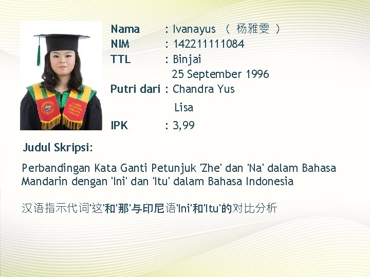 : Ivanayus （ 杨雅雯 ） : 142211111084 : Binjai 25 September 1996 Putri dari