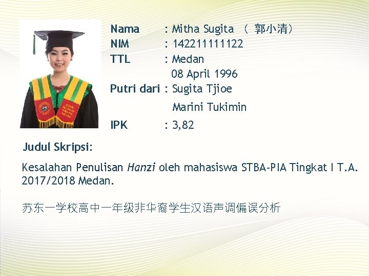 Nama NIM TTL : Mitha Sugita （ 郭小清） : 142211111122 : Medan 08 April