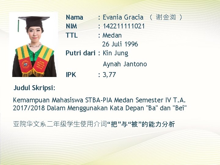 : Evania Gracia （ 谢金洳 ） : 142211111021 : Medan 26 Juli 1996 Putri