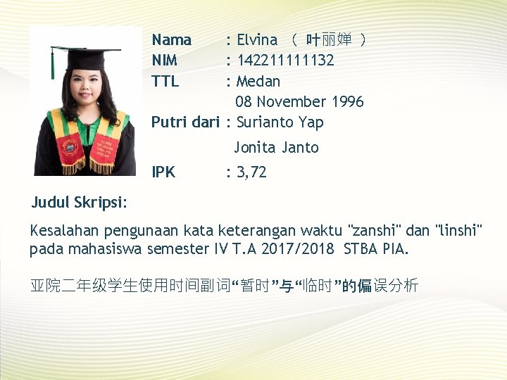 Nama NIM TTL : Elvina （ 叶丽婵 ） : 142211111132 : Medan 08 November