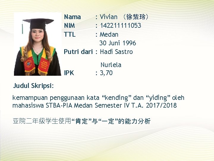 Nama NIM TTL : Vivian （徐紫玲） : 142211111053 : Medan 30 Juni 1996 Putri