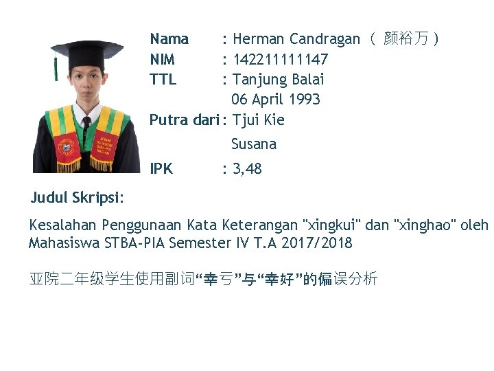 : Herman Candragan（ 颜裕万） : 142211111147 : Tanjung Balai 06 April 1993 Putra dari