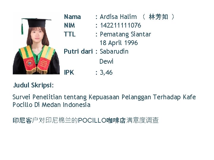 Nama NIM TTL : Ardisa Halim （ 林芳如 ） : 142211111076 : Pematang Siantar