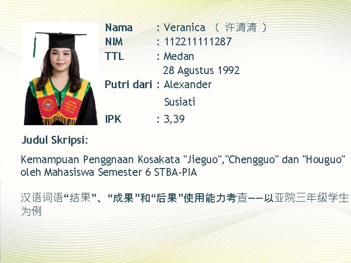 : Veranica （ 许清清 ） : 112211111287 : Medan 28 Agustus 1992 Putri dari