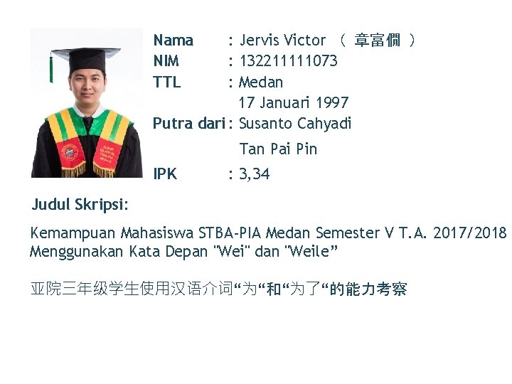 Nama NIM TTL : Jervis Victor （ 章富僩 ） : 132211111073 : Medan 17