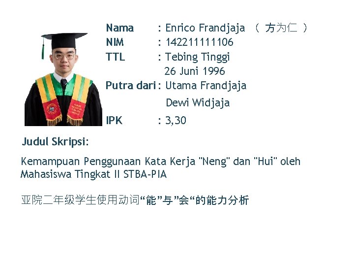 Nama NIM TTL : Enrico Frandjaja （ 方为仁 ） : 142211111106 : Tebing Tinggi