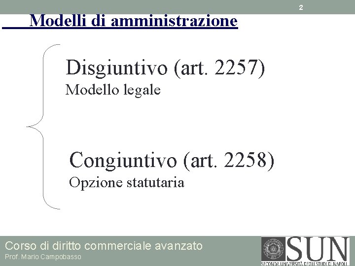 Modelli di amministrazione Disgiuntivo (art. 2257) Modello legale Congiuntivo (art. 2258) Opzione statutaria Corso