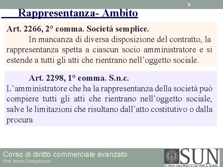 Rappresentanza- Ambito 3 Art. 2266, 2° comma. Società semplice. In mancanza di diversa disposizione