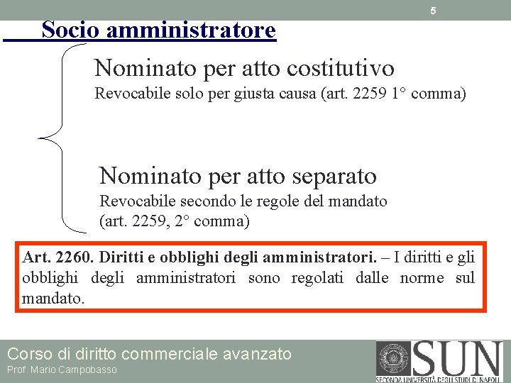 Socio amministratore Nominato per atto costitutivo 5 Revocabile solo per giusta causa (art. 2259