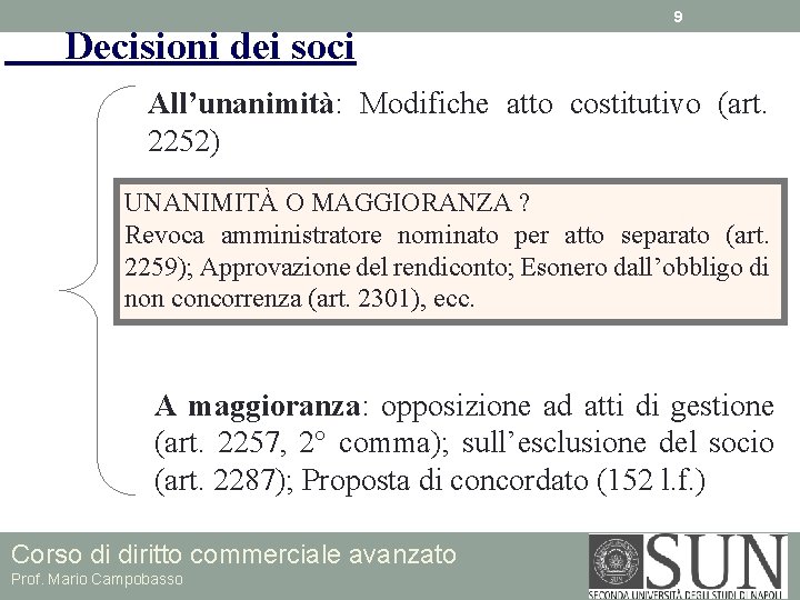 Decisioni dei soci 9 All’unanimità: Modifiche atto costitutivo (art. 2252) UNANIMITÀ O MAGGIORANZA ?