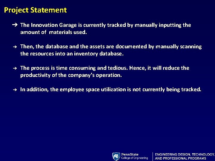 Project Statement ➔ The Innovation Garage is currently tracked by manually inputting the amount