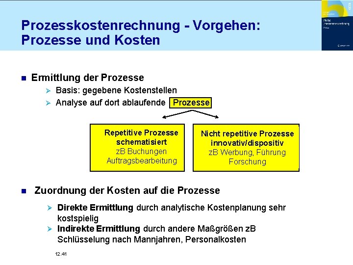 Prozesskostenrechnung - Vorgehen: Prozesse und Kosten n Ermittlung der Prozesse Ø Ø Basis: gegebene