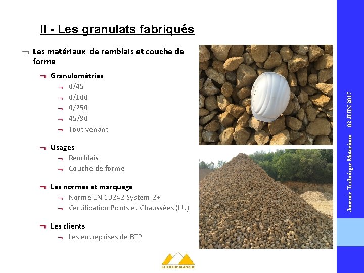 II - Les granulats fabriqués Granulométries 0/45 0/100 0/250 45/90 Tout venant Usages Remblais