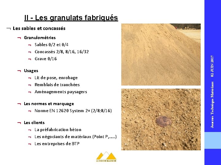 II - Les granulats fabriqués Granulométries Sables 0/2 et 0/4 Concassés 2/8, 8/16, 16/32