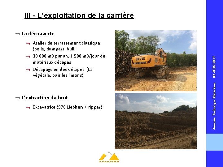 III - L’exploitation de la carrière La découverte L’extraction du brut Excavatrice (976 Liebherr