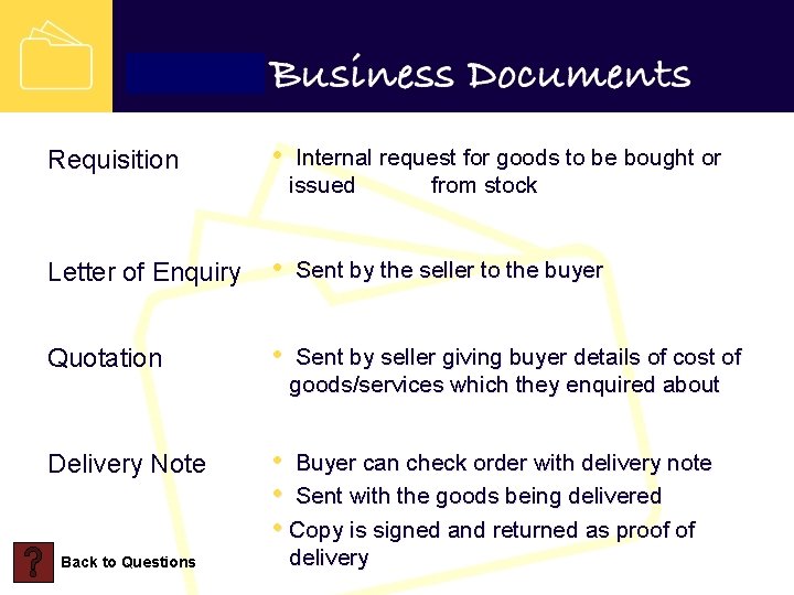 Requisition • Internal request for goods to be bought or issued from stock Letter