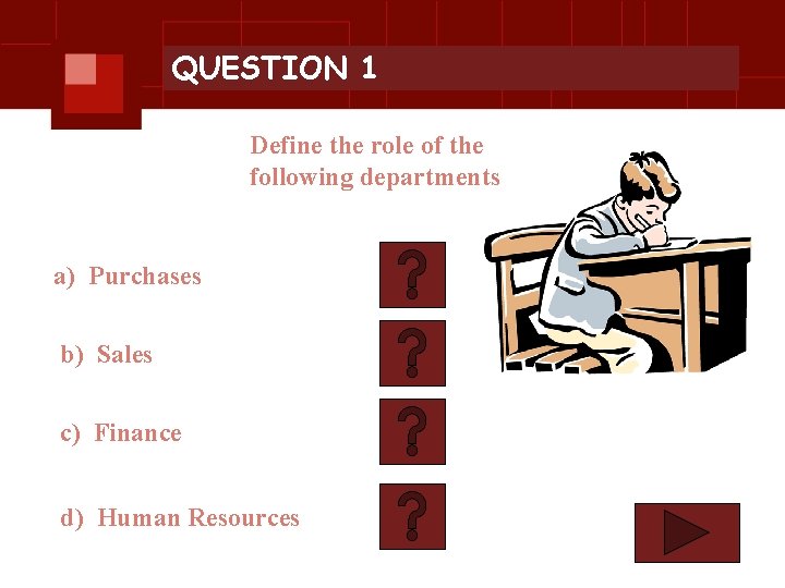 QUESTION 1 Define the role of the following departments a) Purchases b) Sales c)