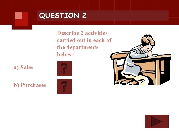 QUESTION 2 Describe 2 activities carried out in each of the departments below: a)