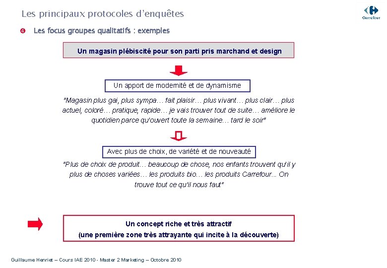 Les principaux protocoles d’enquêtes Les focus groupes qualitatifs : exemples Un magasin plébiscité pour