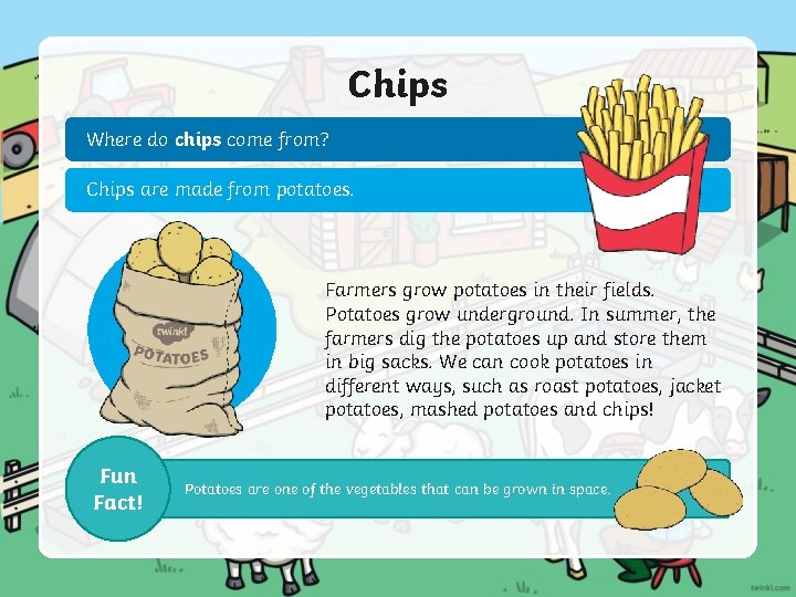 Chips Where do chips come from? Chips are made from potatoes. Farmers grow potatoes