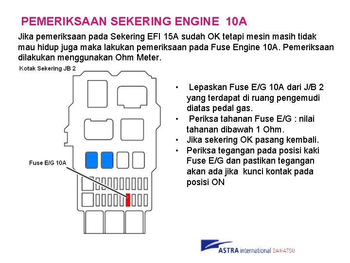 PEMERIKSAAN SEKERING ENGINE 10 A Jika pemeriksaan pada Sekering EFI 15 A sudah OK