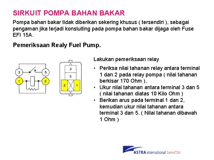 SIRKUIT POMPA BAHAN BAKAR Pompa bahan bakar tidak diberikan sekering khusus ( tersendiri ),