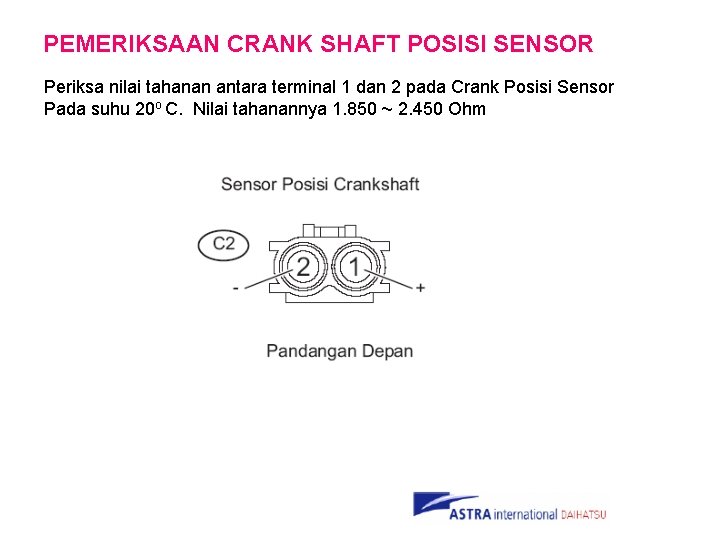 PEMERIKSAAN CRANK SHAFT POSISI SENSOR Periksa nilai tahanan antara terminal 1 dan 2 pada