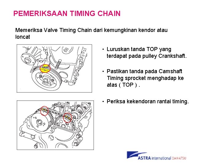 PEMERIKSAAN TIMING CHAIN Memeriksa Valve Timing Chain dari kemungkinan kendor atau loncat • Luruskan