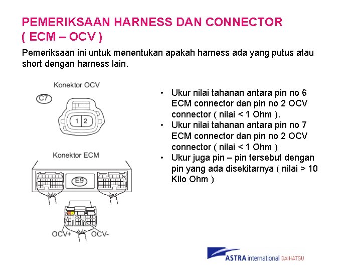 PEMERIKSAAN HARNESS DAN CONNECTOR ( ECM – OCV ) Pemeriksaan ini untuk menentukan apakah
