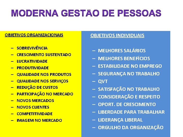 OBJETIVOS ORGANIZACIONAIS – – – SOBREVIVÊNCIA CRESCIMENTO SUSTENTADO LUCRATIVIDADE PRODUTIVIDADE QUALIDADE NOS PRODUTOS QUALIDADE