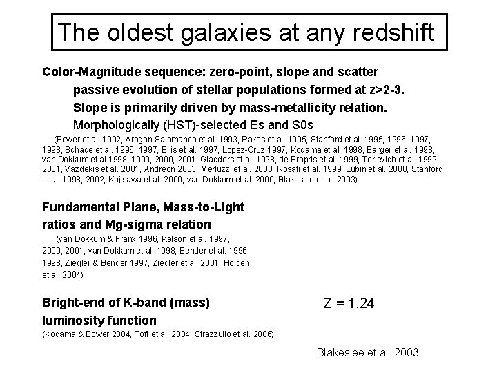 The oldest galaxies at any redshift Color-Magnitude sequence: zero-point, slope and scatter passive evolution