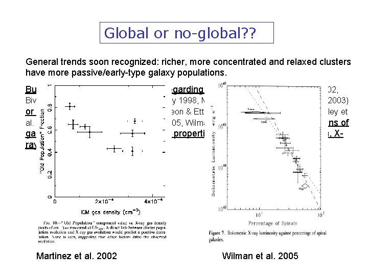 Global or no-global? ? General trends soon recognized: richer, more concentrated and relaxed clusters
