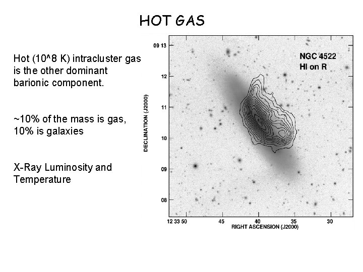 HOT GAS Hot (10^8 K) intracluster gas is the other dominant barionic component. ~10%