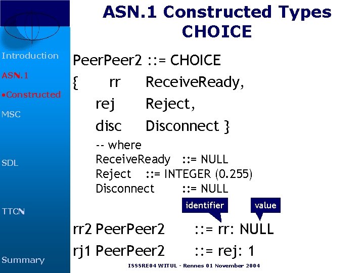 ASN. 1 Constructed Types CHOICE Introduction ASN. 1 • Constructed MSC SDL Peer 2 ASN. 1 Constructed Types CHOICE Introduction ASN. 1 • Constructed MSC SDL Peer 2