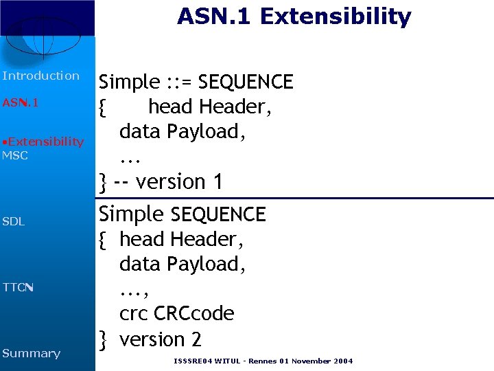 ASN. 1 Extensibility Introduction ASN. 1 • Extensibility MSC SDL TTCN Summary Simple : ASN. 1 Extensibility Introduction ASN. 1 • Extensibility MSC SDL TTCN Summary Simple :