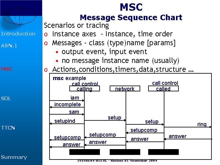 MSC Introduction ASN. 1 MSC Message Sequence Chart Scenarios or tracing o Instance axes MSC Introduction ASN. 1 MSC Message Sequence Chart Scenarios or tracing o Instance axes