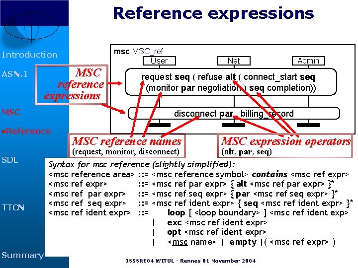 Reference expressions msc MSC_ref User Introduction ASN. 1 MSC reference expressions MSC TTCN Summary Reference expressions msc MSC_ref User Introduction ASN. 1 MSC reference expressions MSC TTCN Summary