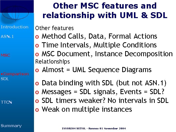 Other MSC features and relationship with UML & SDL Introduction ASN. 1 MSC Other Other MSC features and relationship with UML & SDL Introduction ASN. 1 MSC Other