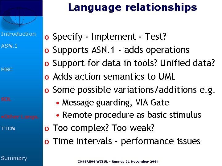 Language relationships Introduction o Specify - Implement - Test? ASN. 1 o Supports ASN. Language relationships Introduction o Specify - Implement - Test? ASN. 1 o Supports ASN.