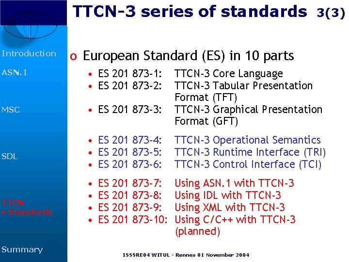 TTCN-3 series of standards Introduction o European Standard (ES) in 10 parts ASN. 1 TTCN-3 series of standards Introduction o European Standard (ES) in 10 parts ASN. 1