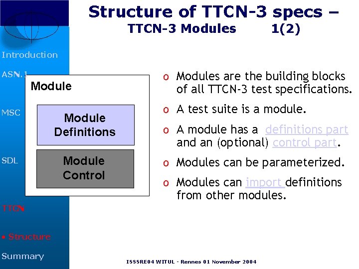 Structure of TTCN-3 specs – TTCN-3 Modules 1(2) Introduction ASN. 1 Module MSC SDL Structure of TTCN-3 specs – TTCN-3 Modules 1(2) Introduction ASN. 1 Module MSC SDL