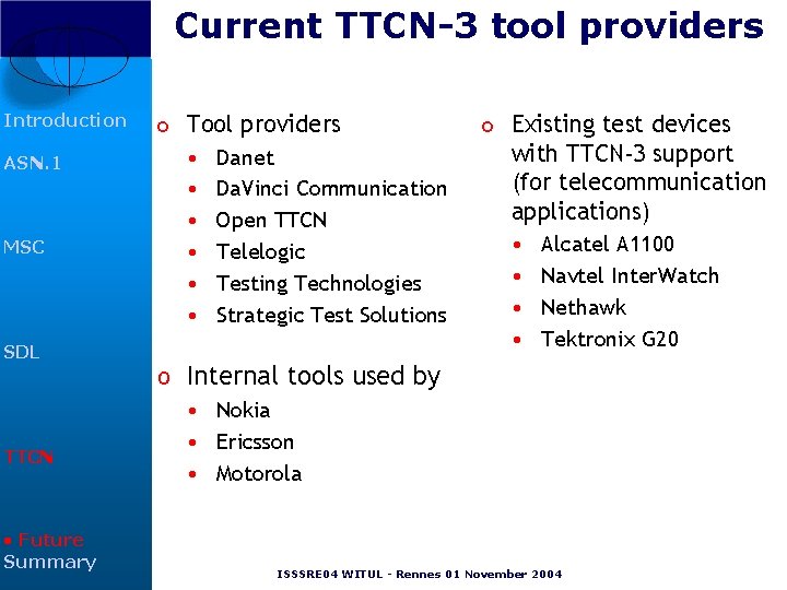 Current TTCN-3 tool providers Introduction ASN. 1 MSC SDL TTCN • Future Summary o Current TTCN-3 tool providers Introduction ASN. 1 MSC SDL TTCN • Future Summary o