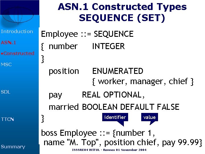ASN. 1 Constructed Types SEQUENCE (SET) Introduction ASN. 1 • Constructed MSC Employee : ASN. 1 Constructed Types SEQUENCE (SET) Introduction ASN. 1 • Constructed MSC Employee :