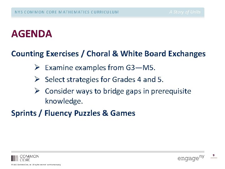 NYS COMMON CORE MATHEMATICS CURRICULUM A Story of Units AGENDA Counting Exercises / Choral