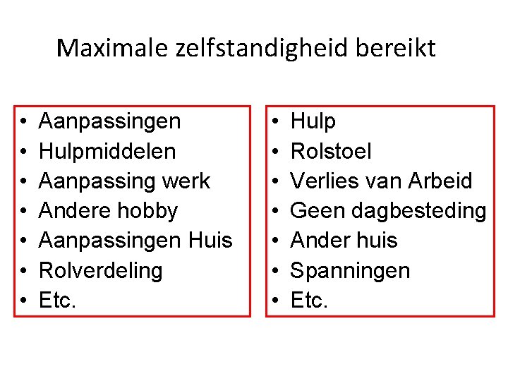 Maximale zelfstandigheid bereikt • • Aanpassingen Hulpmiddelen Aanpassing werk Andere hobby Aanpassingen Huis Rolverdeling
