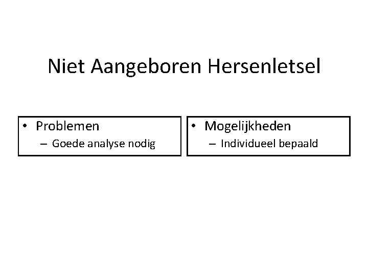 Niet Aangeboren Hersenletsel • Problemen – Goede analyse nodig • Mogelijkheden – Individueel bepaald