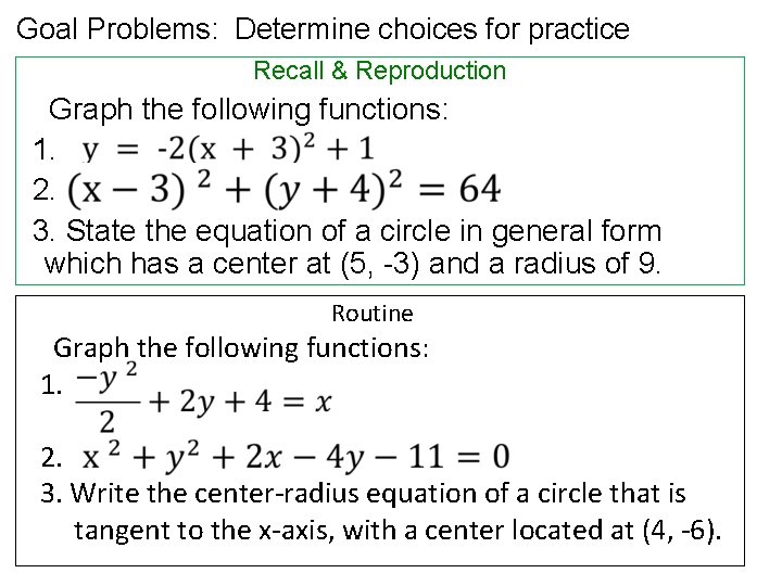 Goal Problems: Determine choices for practice Recall & Reproduction Graph the following functions: 1.