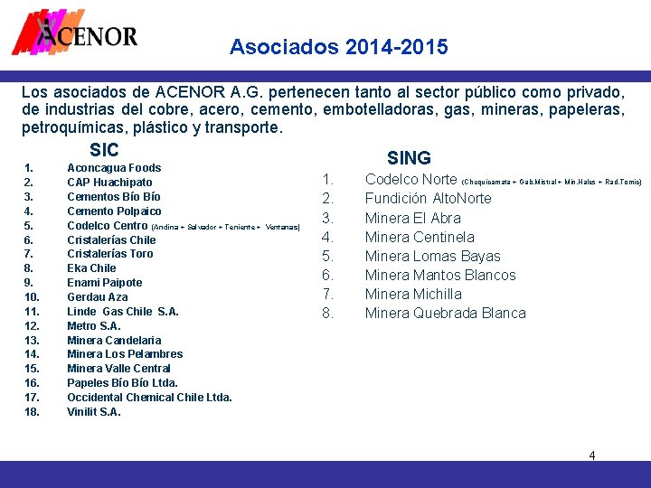Asociados 2014 -2015 Los asociados de ACENOR A. G. pertenecen tanto al sector público