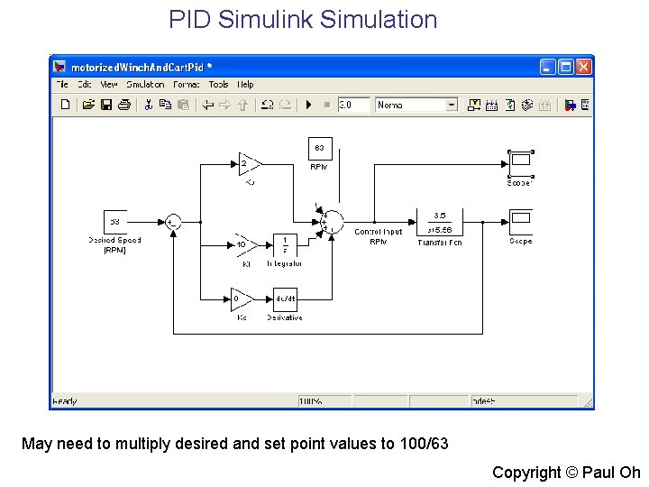 PID Simulink Simulation May need to multiply desired and set point values to 100/63