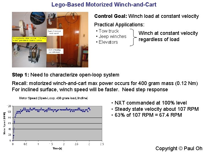 Lego-Based Motorized Winch-and-Cart Control Goal: Winch load at constant velocity Practical Applications: • Tow